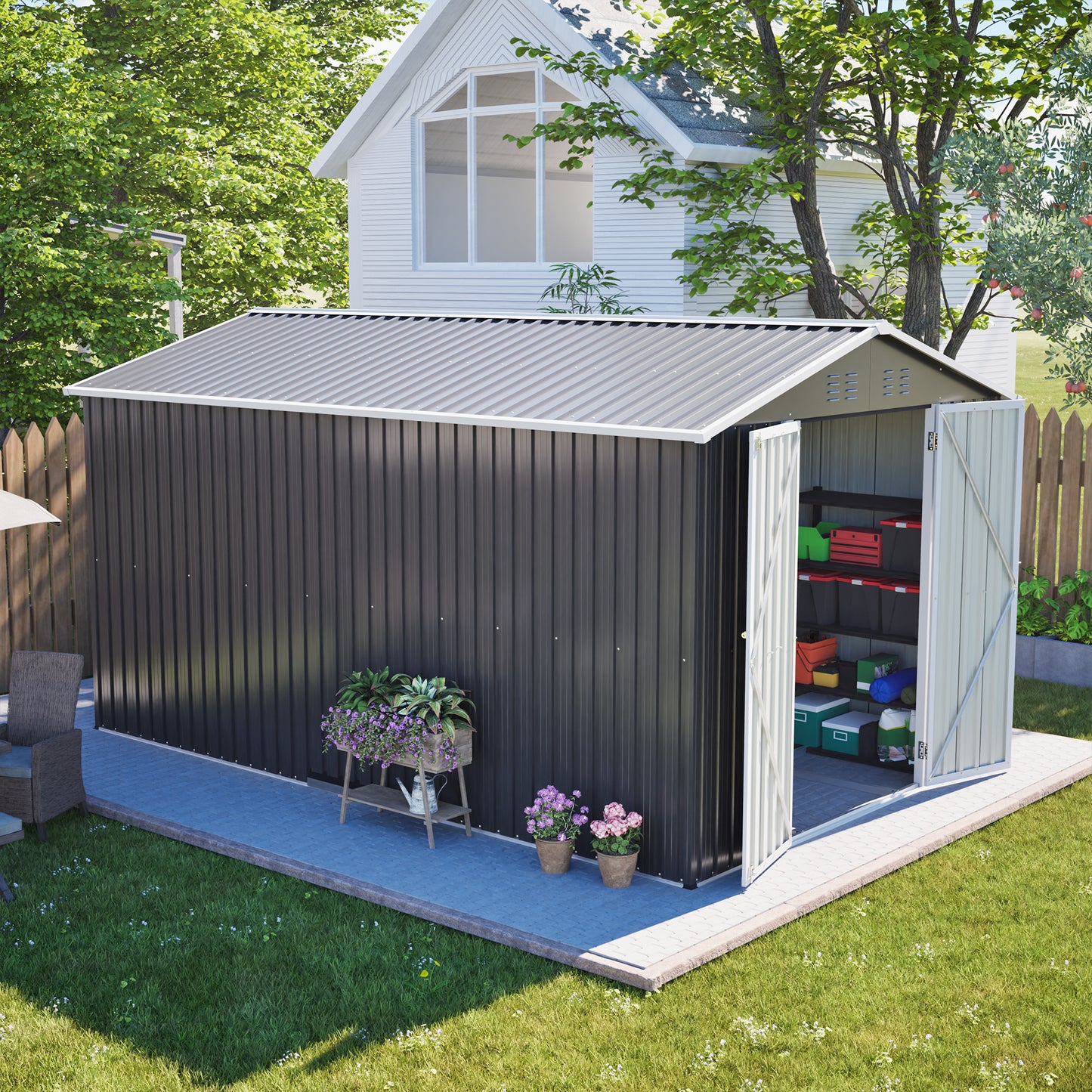 Lockable Secure Metal Shed 8x12 FT - Large Outdoor Storage with Aluminum Frame, Durable Garden Tool Shed for Backyard, Patio, Lawn, Grey