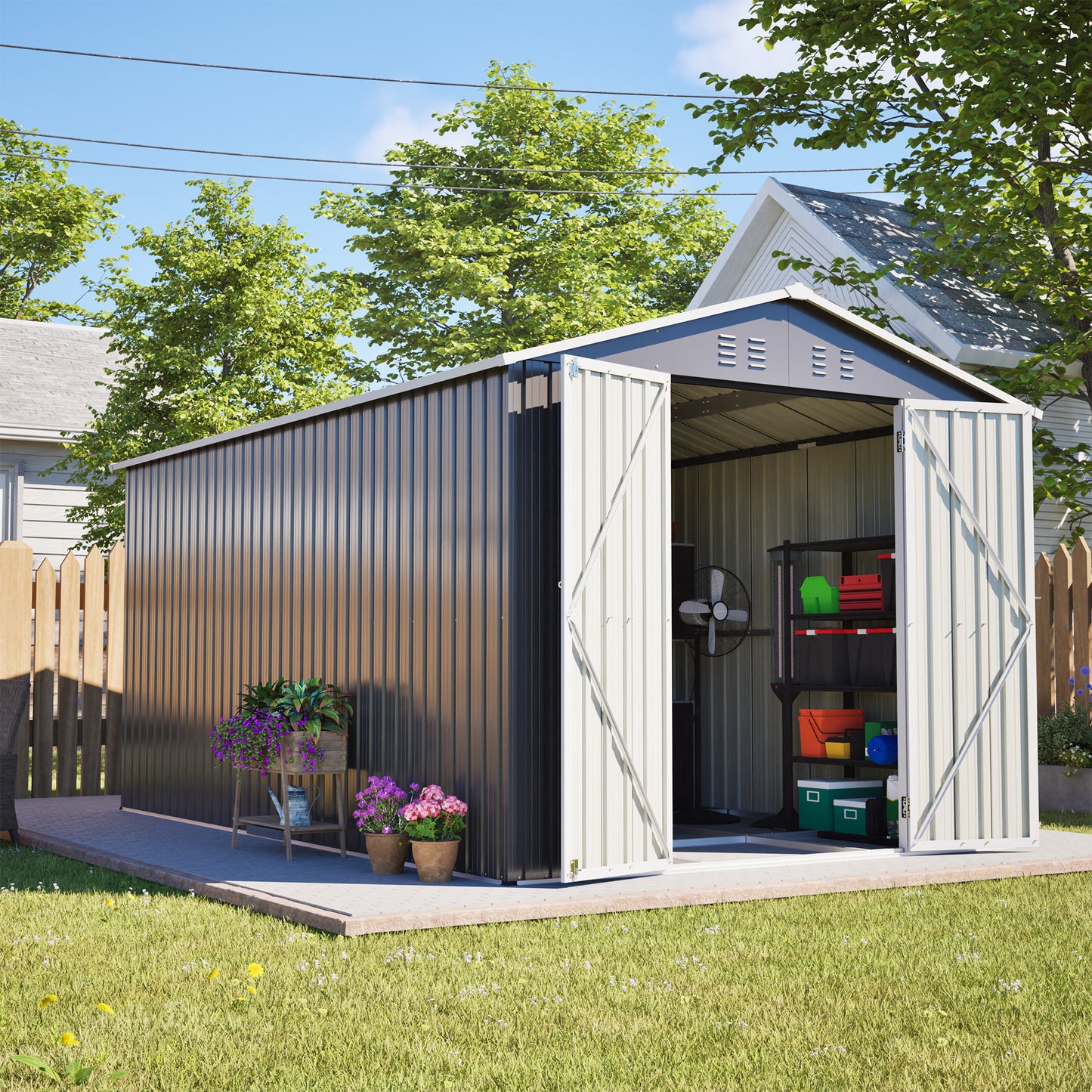 Lockable Secure Metal Shed 8x12 FT - Large Outdoor Storage with Aluminum Frame, Durable Garden Tool Shed for Backyard, Patio, Lawn, Grey