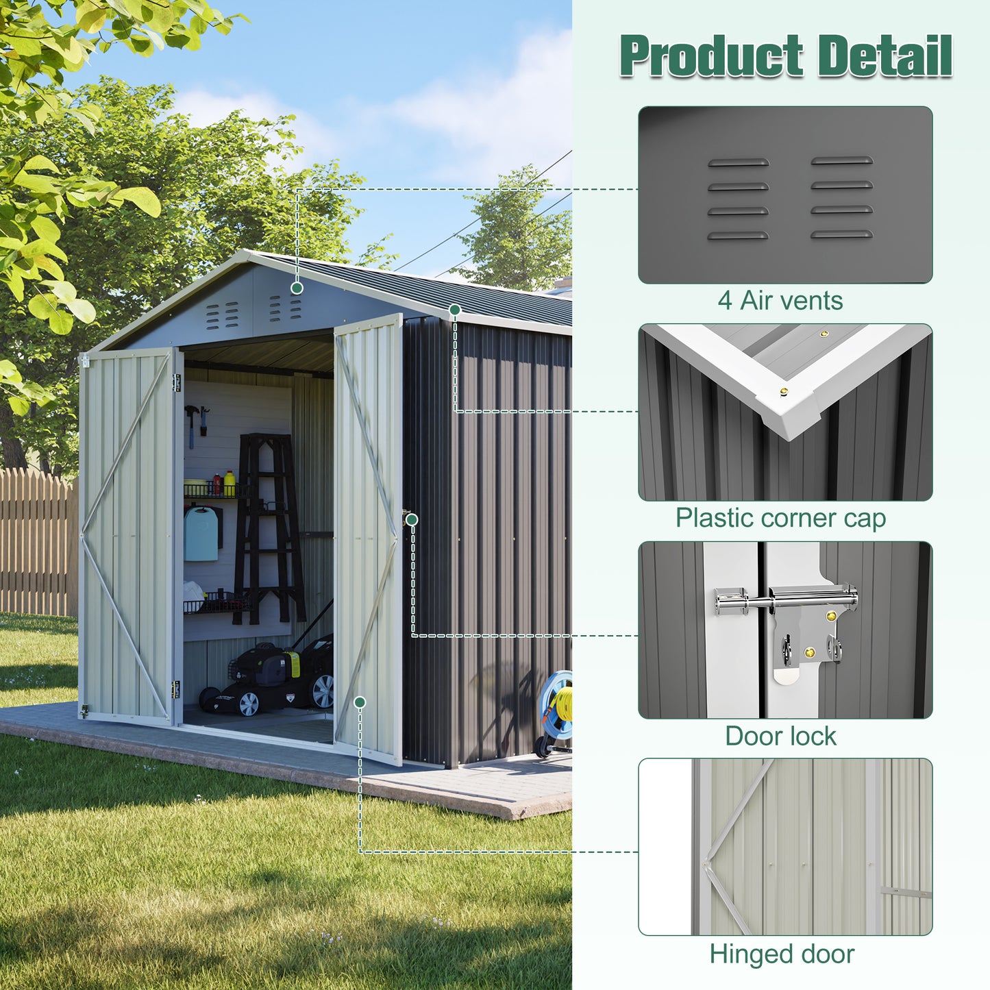 Lockable Secure Metal Shed 8x12 FT - Large Outdoor Storage with Aluminum Frame, Durable Garden Tool Shed for Backyard, Patio, Lawn, Grey
