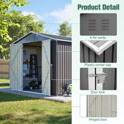 Lockable Secure Metal Shed 8x12 FT - Large Outdoor Storage with Aluminum Frame, Durable Garden Tool Shed for Backyard, Patio, Lawn, Grey