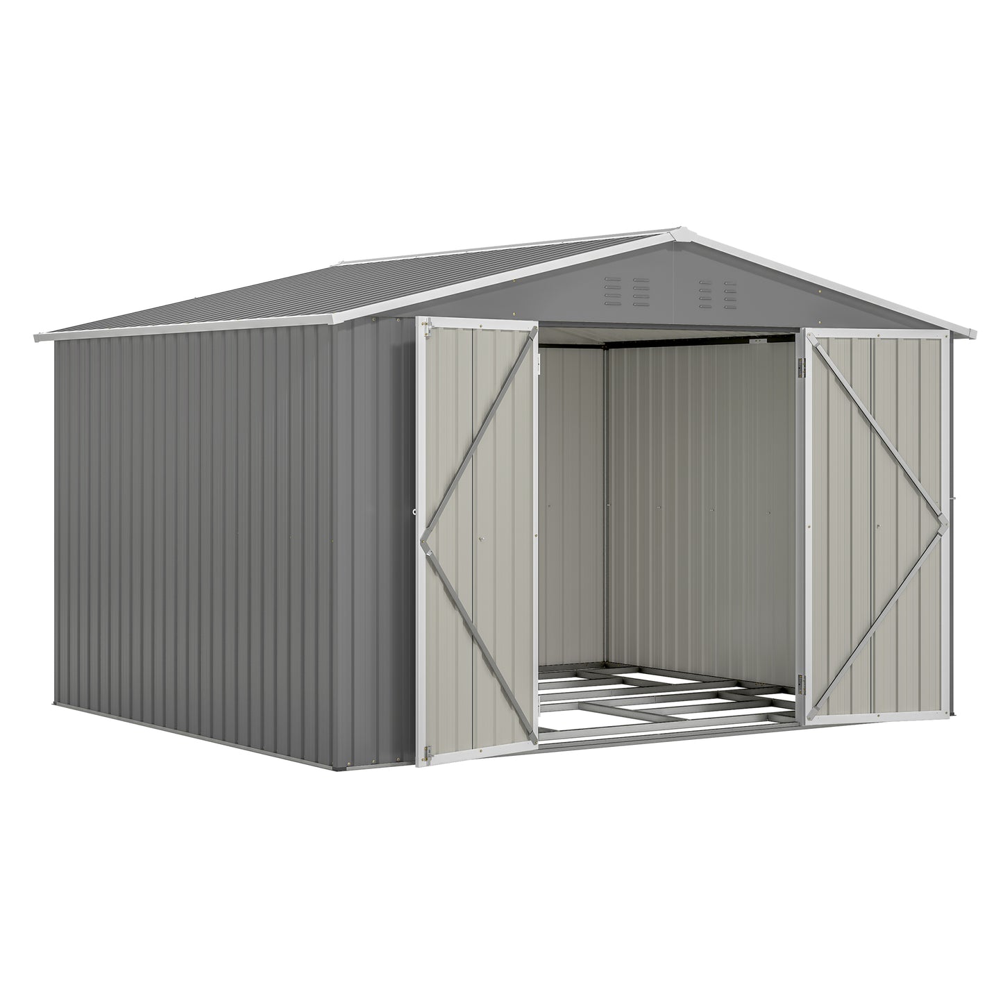 10X8 FT Outdoor Tool Storage Shed with Metal Foundation & Lockable Doors, All Weather Metal Sheds for Garden, Patio, Backyard, Lawn, Gray
