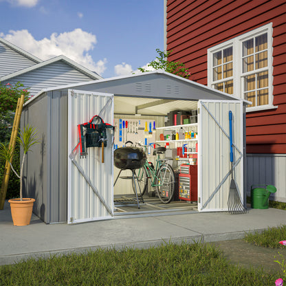 10X8 FT Outdoor Tool Storage Shed with Metal Foundation & Lockable Doors, All Weather Metal Sheds for Garden, Patio, Backyard, Lawn, Gray