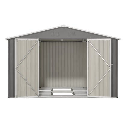 10X8 FT Outdoor Tool Storage Shed with Metal Foundation & Lockable Doors, All Weather Metal Sheds for Garden, Patio, Backyard, Lawn, Gray
