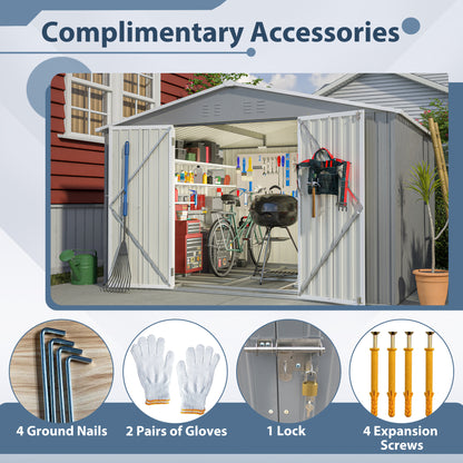 10X8 FT Outdoor Tool Storage Shed with Metal Foundation & Lockable Doors, All Weather Metal Sheds for Garden, Patio, Backyard, Lawn, Gray