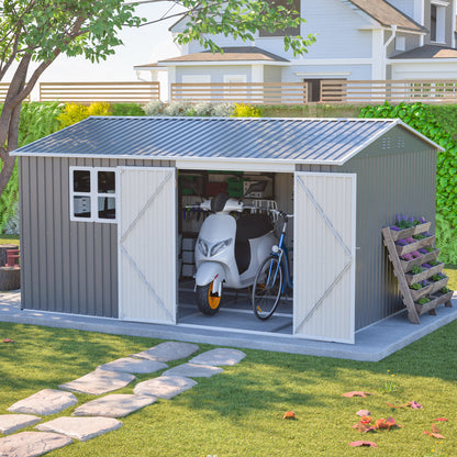 12x10 FT Outdoor Storage Shed Metal, Large Garden Tool Sheds Outdoor with Lockable Doors, Waterproof Steel Utility Storage Building, Heavy Duty Equipment Shed for Backyard Patio Lawn Garden, Grey