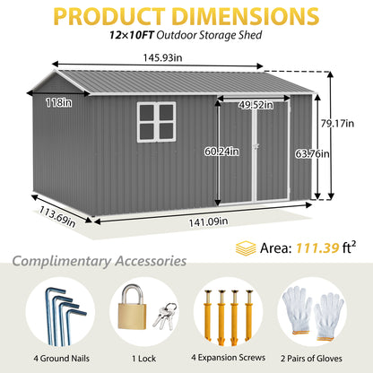 12x10 FT Outdoor Storage Shed Metal, Large Garden Tool Sheds Outdoor with Lockable Doors, Waterproof Steel Utility Storage Building, Heavy Duty Equipment Shed for Backyard Patio Lawn Garden, Grey
