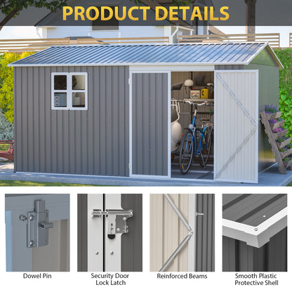 12x10 FT Outdoor Storage Shed Metal, Large Garden Tool Sheds Outdoor with Lockable Doors, Waterproof Steel Utility Storage Building, Heavy Duty Equipment Shed for Backyard Patio Lawn Garden, Grey