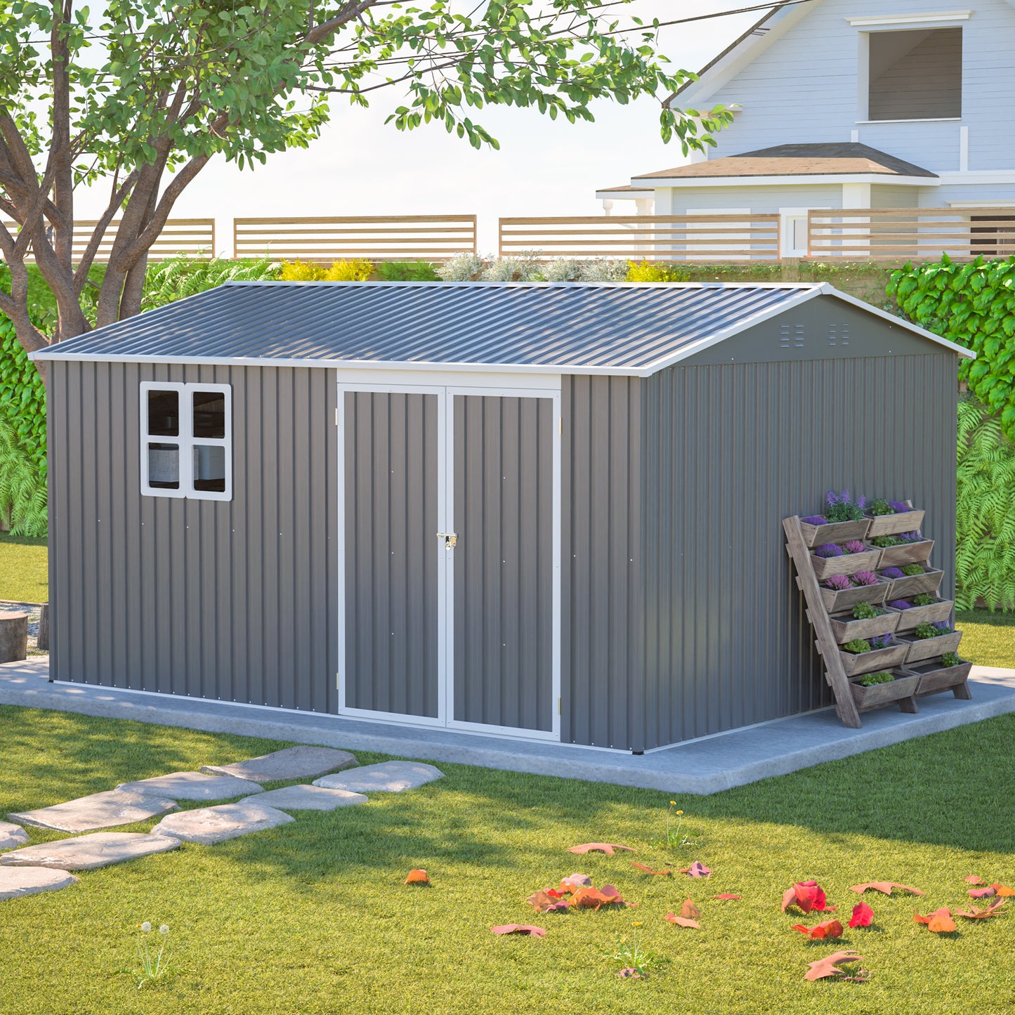 12x10 FT Outdoor Storage Shed Metal, Large Garden Tool Sheds Outdoor with Lockable Doors, Waterproof Steel Utility Storage Building, Heavy Duty Equipment Shed for Backyard Patio Lawn Garden, Grey