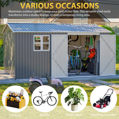 12x10 FT Outdoor Storage Shed Metal, Large Garden Tool Sheds Outdoor with Lockable Doors, Waterproof Steel Utility Storage Building, Heavy Duty Equipment Shed for Backyard Patio Lawn Garden, Grey
