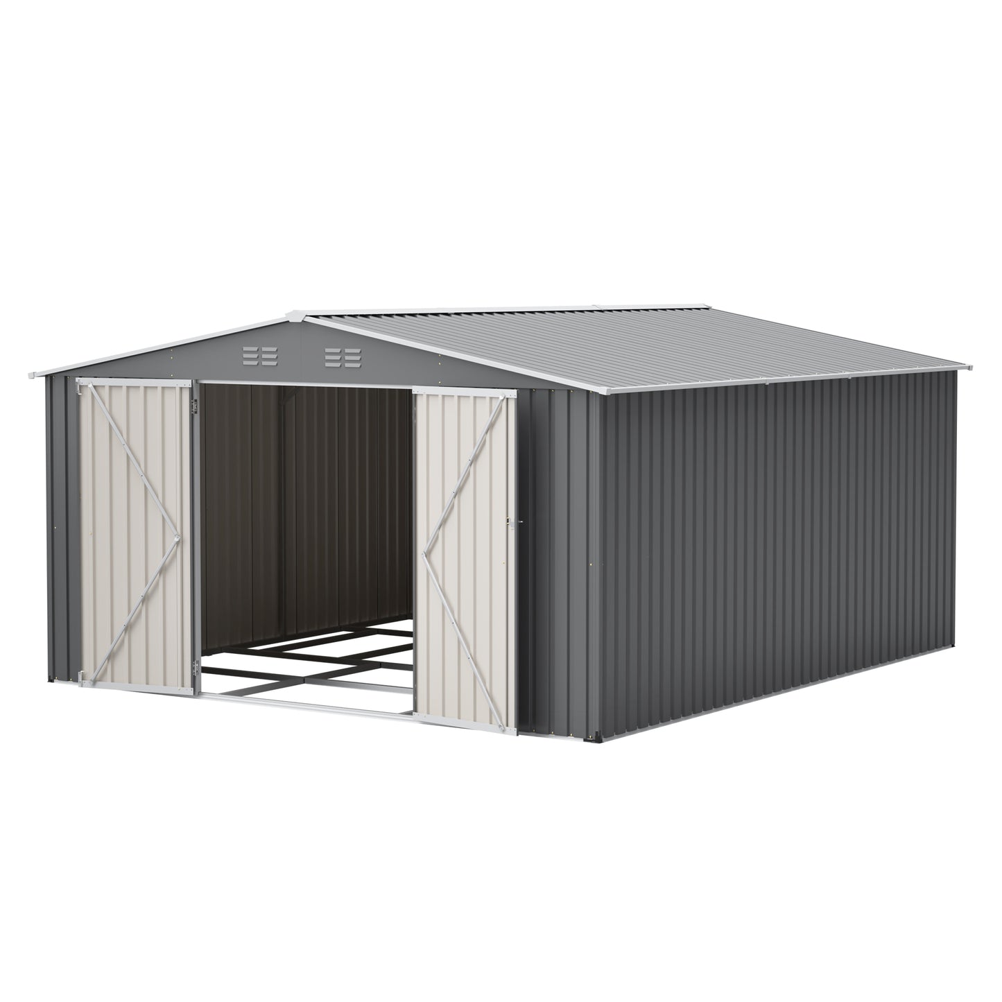 12×14 ft Outdoor Metal Storage Shed, Large Garden Tool Shed with Lockable Double Doors, Waterproof Yard Building, Patio, Light Gray