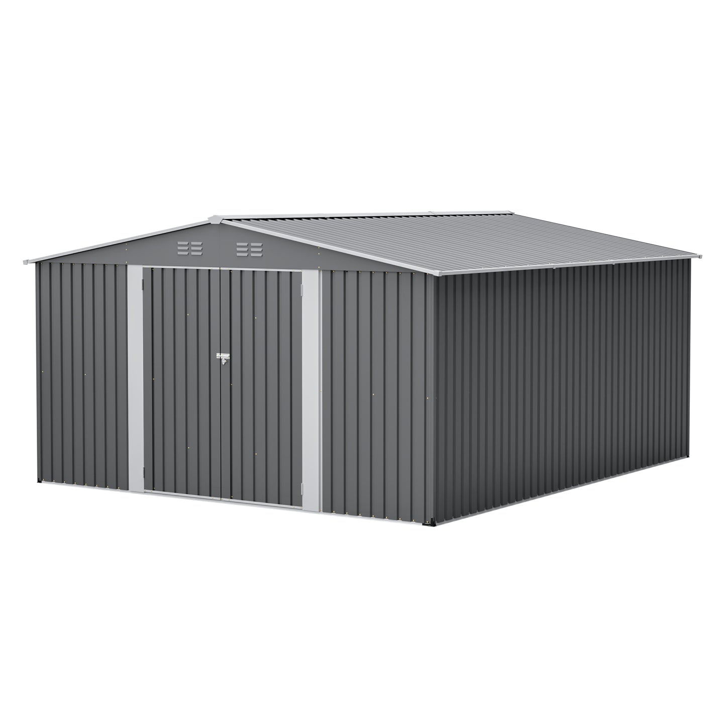 12×14 ft Outdoor Metal Storage Shed, Large Garden Tool Shed with Lockable Double Doors, Waterproof Yard Building, Patio, Light Gray