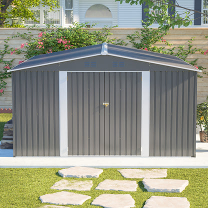 12×14 ft Outdoor Metal Storage Shed, Large Garden Tool Shed with Lockable Double Doors, Waterproof Yard Building, Patio, Light Gray
