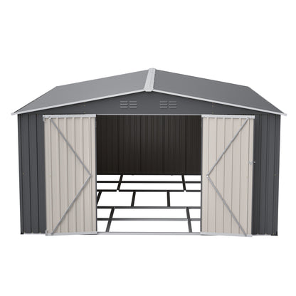 12×14 ft Outdoor Metal Storage Shed, Large Garden Tool Shed with Lockable Double Doors, Waterproof Yard Building, Patio, Light Gray