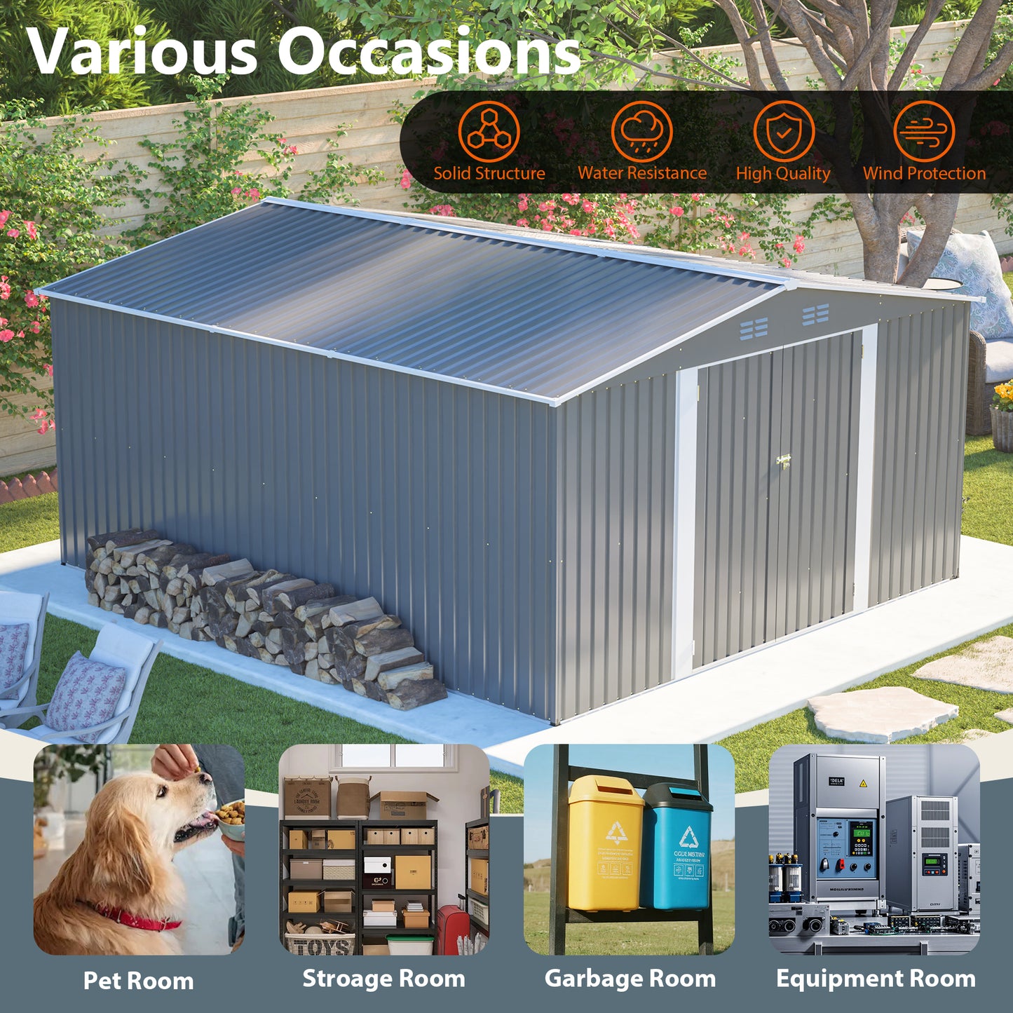 12×14 ft Outdoor Metal Storage Shed, Large Garden Tool Shed with Lockable Double Doors, Waterproof Yard Building, Patio, Light Gray