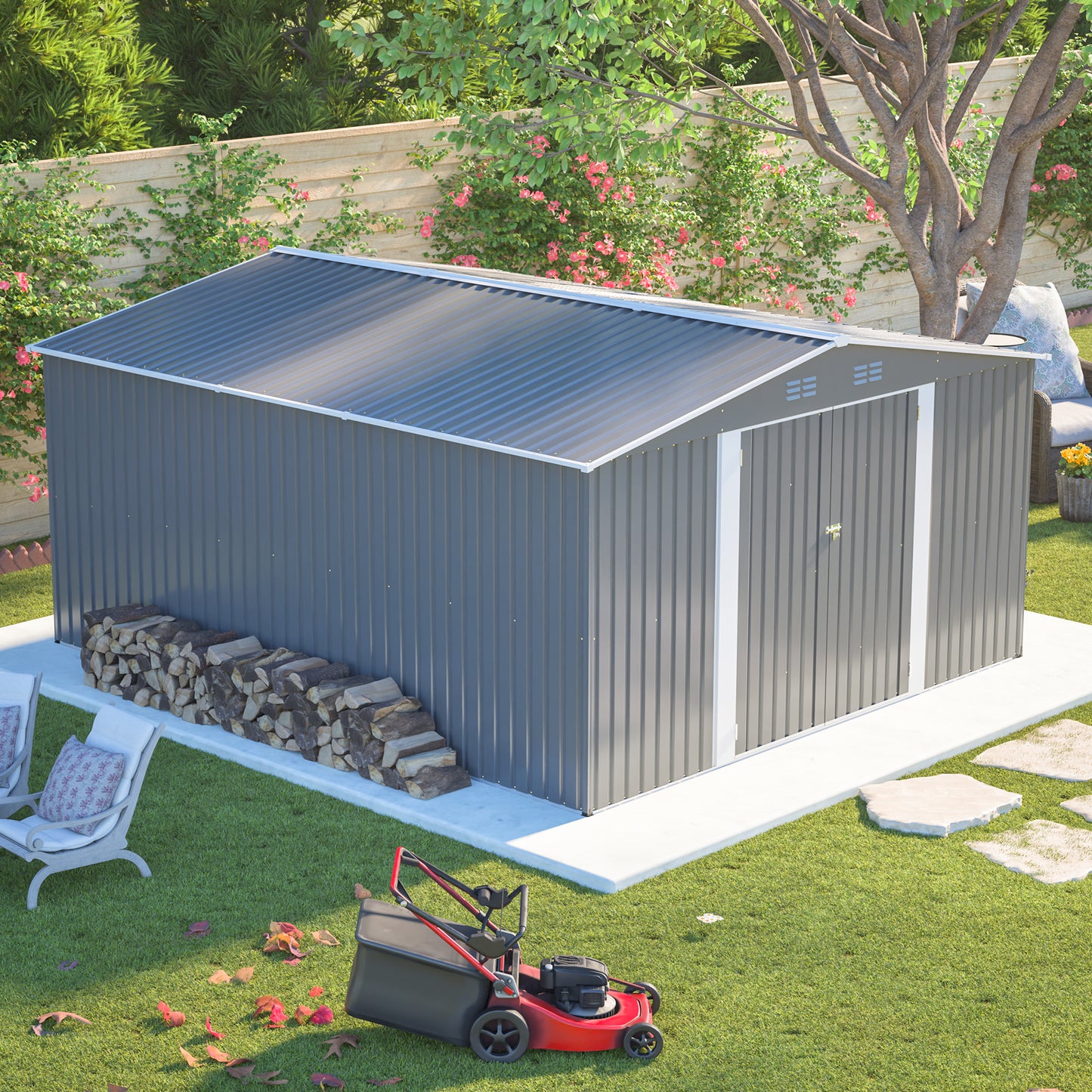 12×14 ft Outdoor Metal Storage Shed, Large Garden Tool Shed with Lockable Double Doors, Waterproof Yard Building, Patio, Light Gray