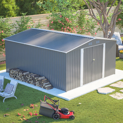 12×14 ft Outdoor Metal Storage Shed, Large Garden Tool Shed with Lockable Double Doors, Waterproof Yard Building, Patio, Light Gray