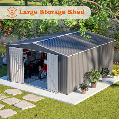 12×14 ft Outdoor Metal Storage Shed, Large Garden Tool Shed with Lockable Double Doors, Waterproof Yard Building, Patio, Light Gray