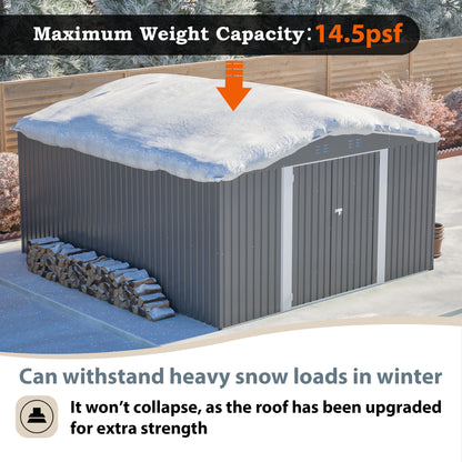 12×14 ft Outdoor Metal Storage Shed, Large Garden Tool Shed with Lockable Double Doors, Waterproof Yard Building, Patio, Light Gray