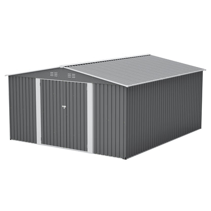 12×14 ft Outdoor Metal Storage Shed, Large Garden Tool Shed with Lockable Double Doors, Waterproof Yard Building, Patio, Light Gray