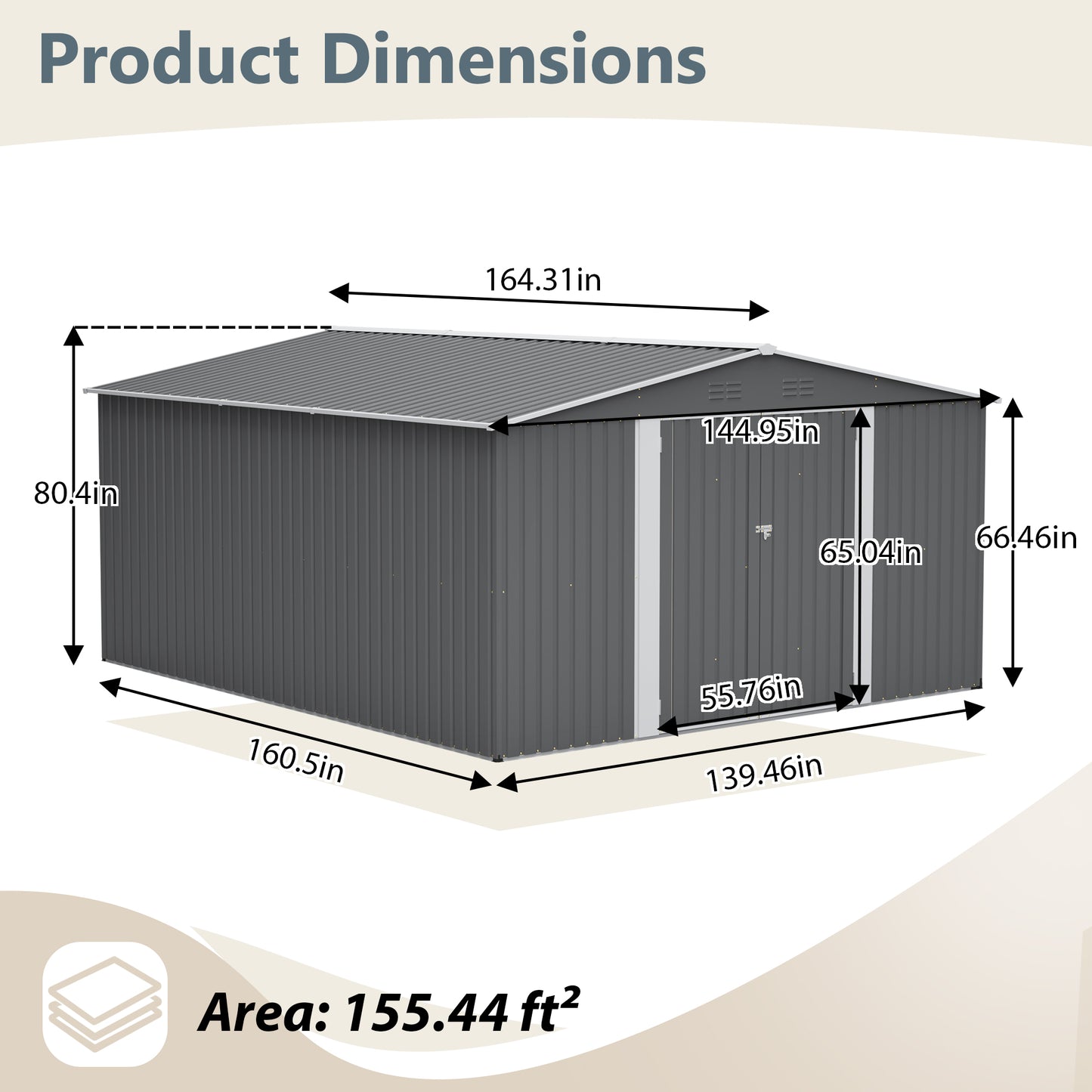 12×14 ft Outdoor Metal Storage Shed, Large Garden Tool Shed with Lockable Double Doors, Waterproof Yard Building, Patio, Light Gray