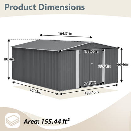 12×14 ft Outdoor Metal Storage Shed, Large Garden Tool Shed with Lockable Double Doors, Waterproof Yard Building, Patio, Light Gray
