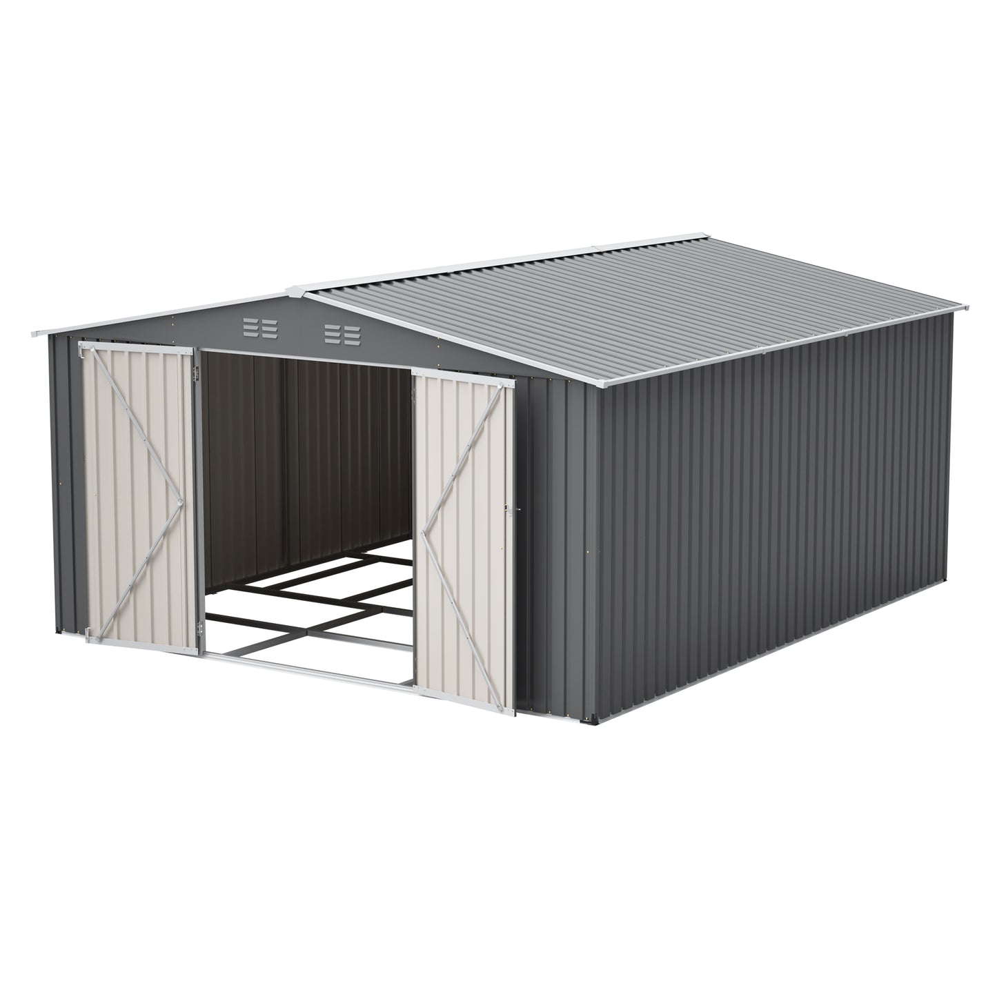 12×14 ft Outdoor Metal Storage Shed, Large Garden Tool Shed with Lockable Double Doors, Waterproof Yard Building, Patio, Light Gray