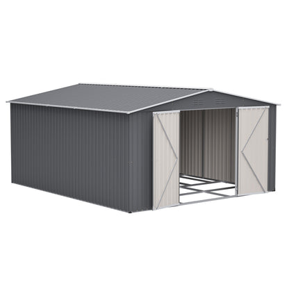 12×14 ft Outdoor Metal Storage Shed, Large Garden Tool Shed with Lockable Double Doors, Waterproof Yard Building, Patio, Light Gray