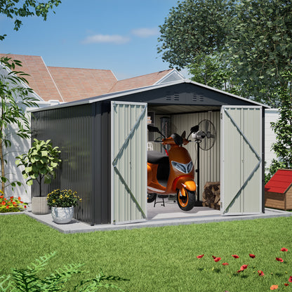 10x10 FT Large Outdoor Metal Storage Shed - Updated Heavy-Duty Frame & Lockable Double Doors, All-Weather Utility Garden Shed for Backyard, Lawn, Patio Tools & Equipment, Black