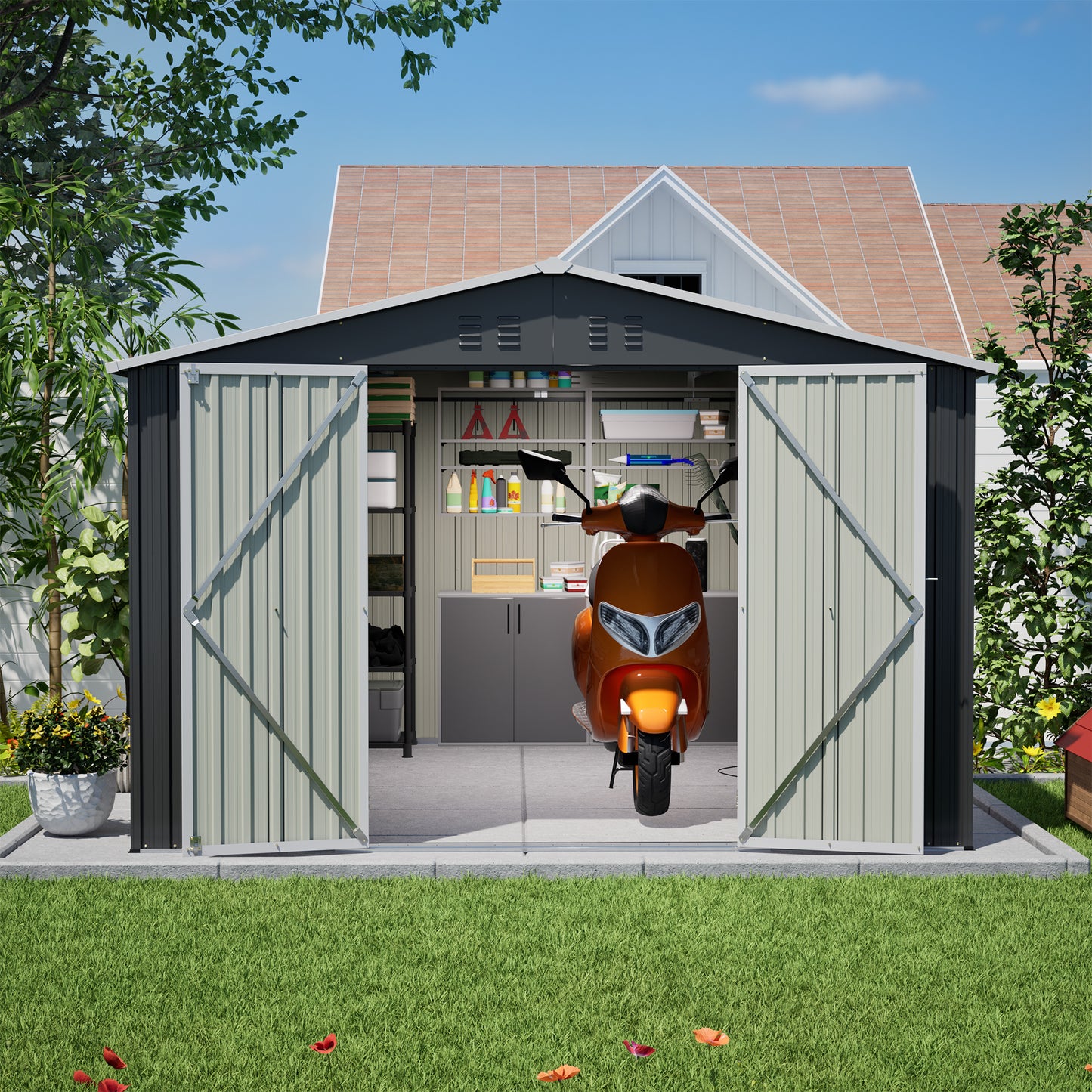 10x10 FT Large Outdoor Metal Storage Shed - Updated Heavy-Duty Frame & Lockable Double Doors, All-Weather Utility Garden Shed for Backyard, Lawn, Patio Tools & Equipment, Black