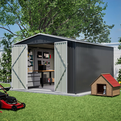 10x10 FT Large Outdoor Metal Storage Shed - Updated Heavy-Duty Frame & Lockable Double Doors, All-Weather Utility Garden Shed for Backyard, Lawn, Patio Tools & Equipment, Black