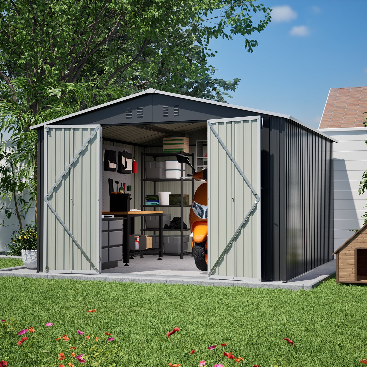 10x10 FT Large Outdoor Metal Storage Shed - Updated Heavy-Duty Frame & Lockable Double Doors, All-Weather Utility Garden Shed for Backyard, Lawn, Patio Tools & Equipment, Black