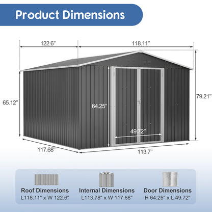 10x10 FT Large Outdoor Metal Storage Shed - Updated Heavy-Duty Frame & Lockable Double Doors, All-Weather Utility Garden Shed for Backyard, Lawn, Patio Tools & Equipment, Black