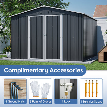10x10 FT Large Outdoor Metal Storage Shed - Updated Heavy-Duty Frame & Lockable Double Doors, All-Weather Utility Garden Shed for Backyard, Lawn, Patio Tools & Equipment, Black