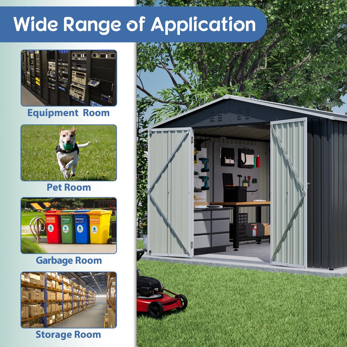 10x10 FT Large Outdoor Metal Storage Shed - Updated Heavy-Duty Frame & Lockable Double Doors, All-Weather Utility Garden Shed for Backyard, Lawn, Patio Tools & Equipment, Black
