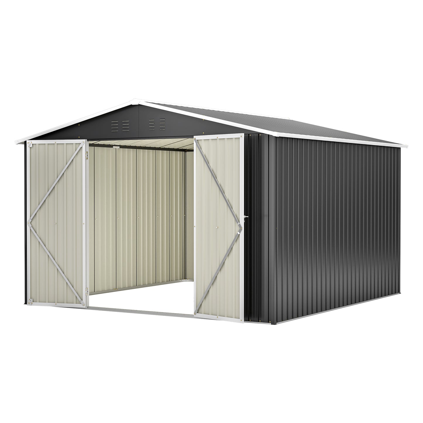 10x10 FT Large Outdoor Metal Storage Shed - Updated Heavy-Duty Frame & Lockable Double Doors, All-Weather Utility Garden Shed for Backyard, Lawn, Patio Tools & Equipment, Black