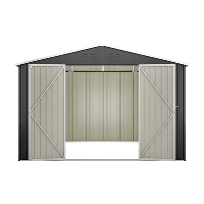 10x10 FT Large Outdoor Metal Storage Shed - Updated Heavy-Duty Frame & Lockable Double Doors, All-Weather Utility Garden Shed for Backyard, Lawn, Patio Tools & Equipment, Black