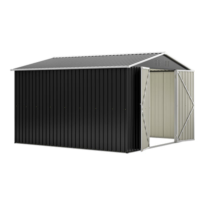 10x10 FT Large Outdoor Metal Storage Shed - Updated Heavy-Duty Frame & Lockable Double Doors, All-Weather Utility Garden Shed for Backyard, Lawn, Patio Tools & Equipment, Black