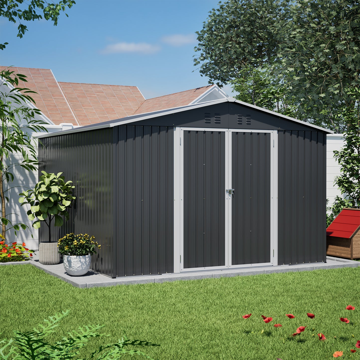 10x10 FT Large Outdoor Metal Storage Shed - Updated Heavy-Duty Frame & Lockable Double Doors, All-Weather Utility Garden Shed for Backyard, Lawn, Patio Tools & Equipment, Black