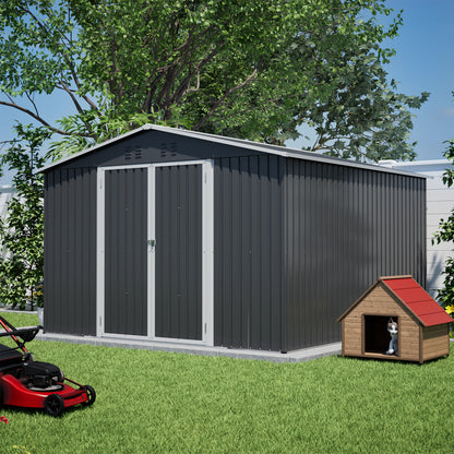 10x10 FT Large Outdoor Metal Storage Shed - Updated Heavy-Duty Frame & Lockable Double Doors, All-Weather Utility Garden Shed for Backyard, Lawn, Patio Tools & Equipment, Black