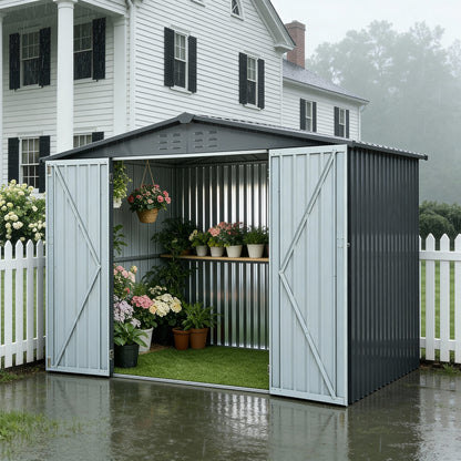 Metal Storage Shed with Double Doors, Heavy-Duty Galvanized Steel Outdoor Garden Shed for Tools, Lawn Equipment, and Yard Storage (72.8"Hx68.9"Dx87.8"W)