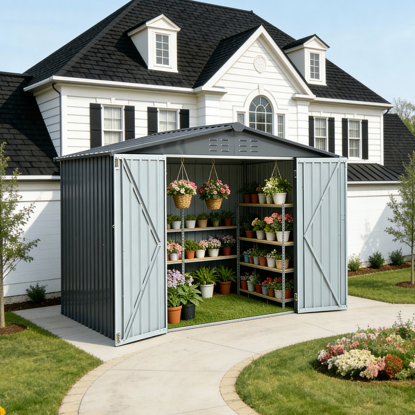 Metal Storage Shed with Double Doors, Heavy-Duty Galvanized Steel Outdoor Garden Shed for Tools, Lawn Equipment, and Yard Storage (72.8"Hx68.9"Dx87.8"W)