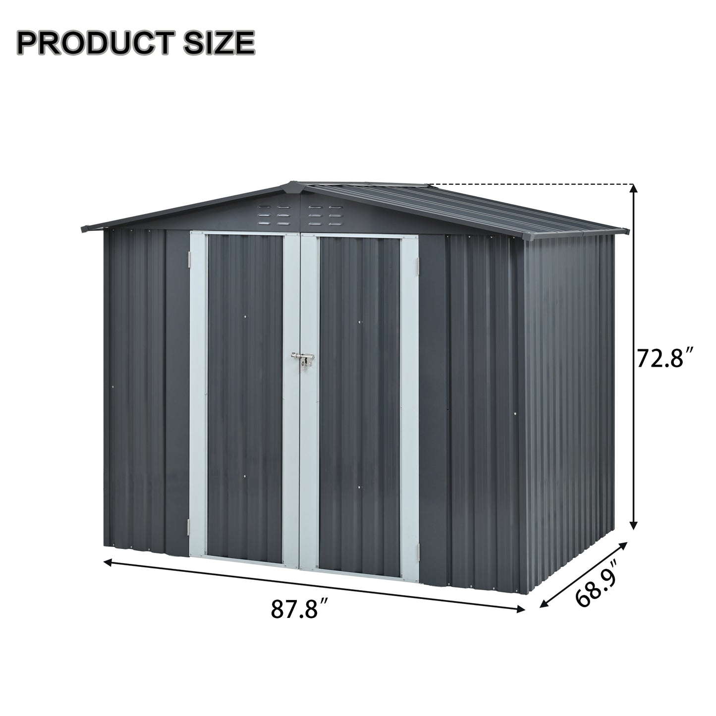 Metal Storage Shed with Double Doors, Heavy-Duty Galvanized Steel Outdoor Garden Shed for Tools, Lawn Equipment, and Yard Storage (72.8"Hx68.9"Dx87.8"W)