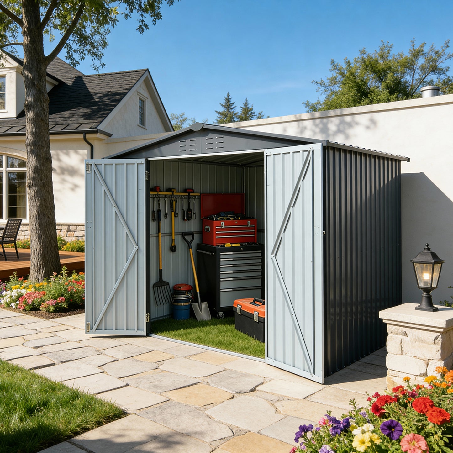 Metal Storage Shed with Double Doors, Heavy-Duty Galvanized Steel Outdoor Garden Shed for Tools, Lawn Equipment, and Yard Storage (72.8"Hx68.9"Dx87.8"W)