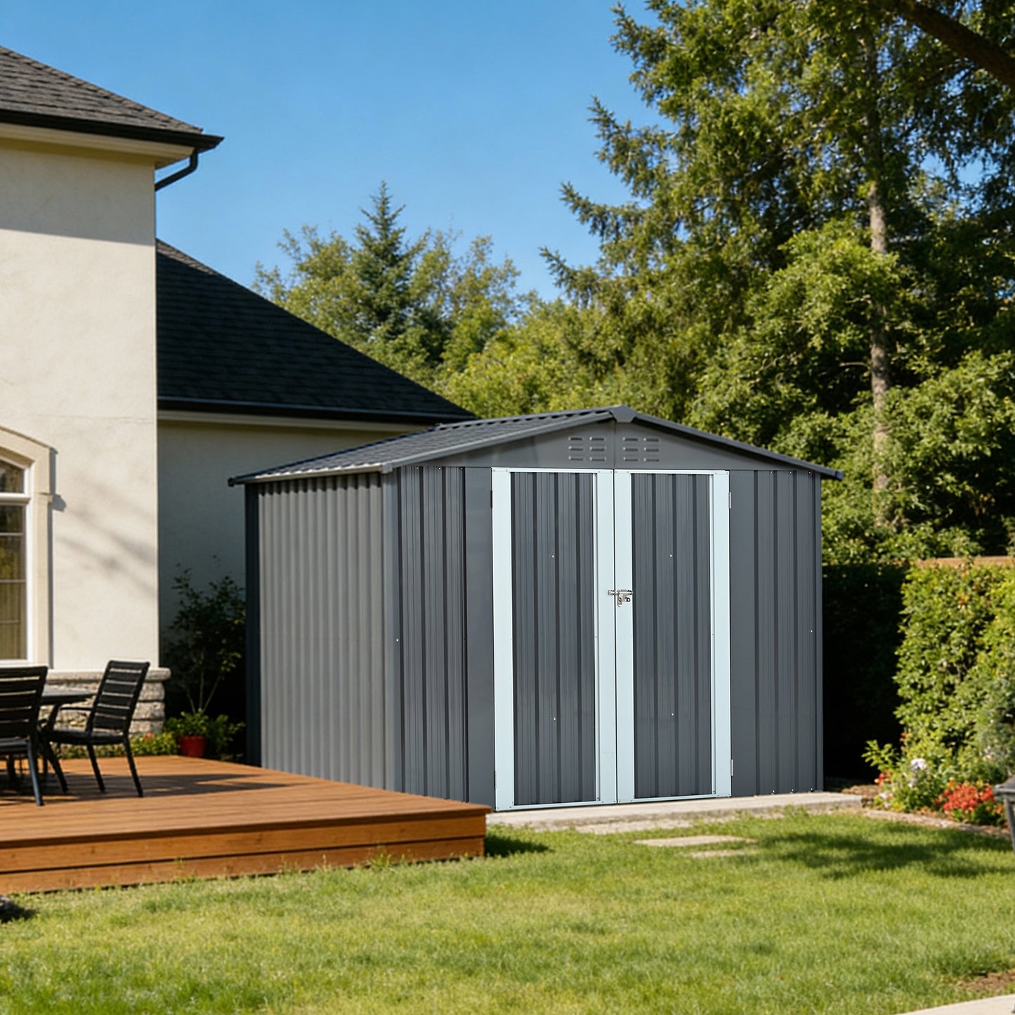Metal Storage Shed with Double Doors, Heavy-Duty Galvanized Steel Outdoor Garden Shed for Tools, Lawn Equipment, and Yard Storage (72.8"Hx68.9"Dx87.8"W)