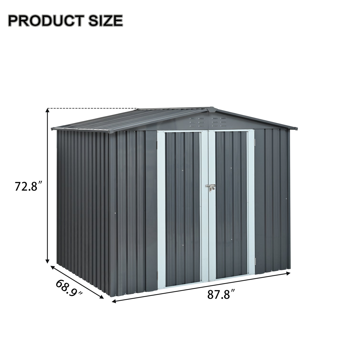 Metal Storage Shed with Double Doors, Heavy-Duty Galvanized Steel Outdoor Garden Shed for Tools, Lawn Equipment, and Yard Storage (72.8"Hx68.9"Dx87.8"W)