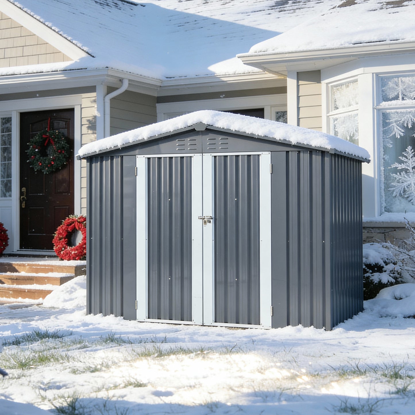 Metal Storage Shed with Double Doors, Heavy-Duty Galvanized Steel Outdoor Garden Shed for Tools, Lawn Equipment, and Yard Storage (72.8"Hx68.9"Dx87.8"W)