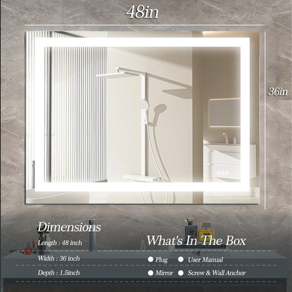 48" x 36" LED Bathroom Mirror with Anti-Fog and Touch Sensor – Modern Frameless Lighted Wall Mirror for Bathroom Vanity, Shower Room, or Dressing Area
