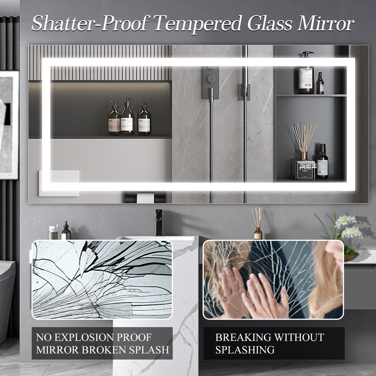 72" x 36" LED Bathroom Mirror with Anti-Fog and Touch Sensor – Modern Frameless Lighted Wall Mirror for Bathroom Vanity, Shower Room, or Dressing Area