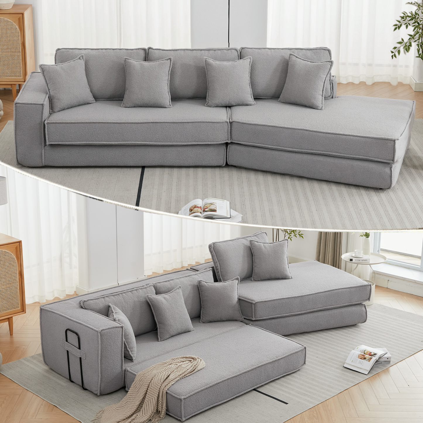 Folding Convertible Out Sleeper Sofa Bed,2-in-1, Combination Convertible Sofa,3 seat, Upholstered,Fold Out Floor Gaming Sofa Bed , Lamb Velvet Fabric,Living Room, Gray