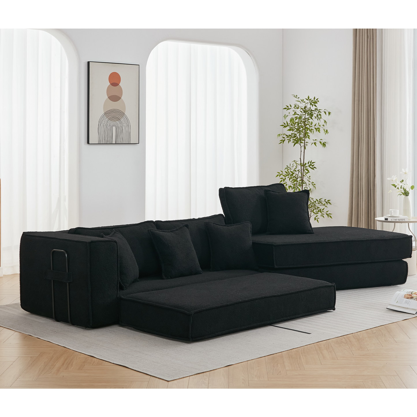 Folding Convertible Out Sleeper Sofa Bed,2-in-1, Combination Convertible Sofa,3 seat, Upholstered,Fold Out Floor Gaming Sofa Bed , Lamb Velvet Fabric,Living Room,Black